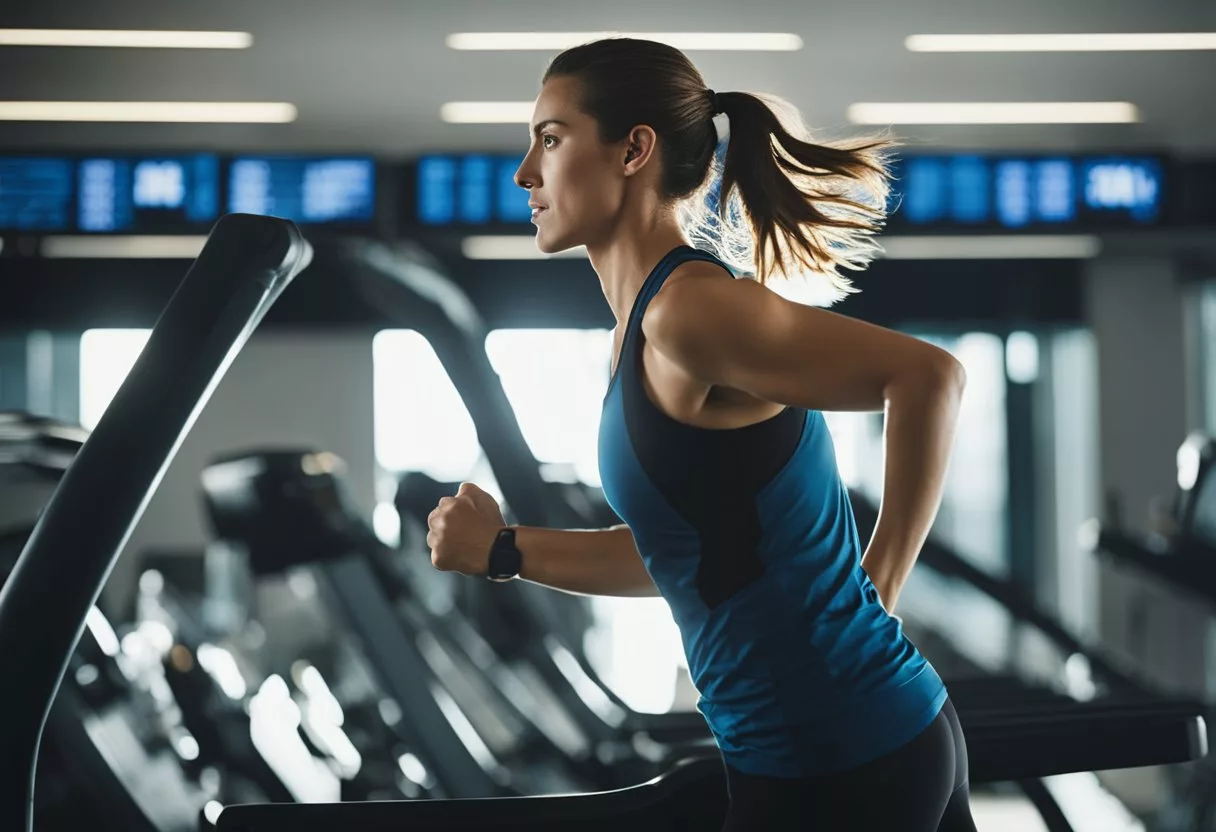 A person running on a treadmill with sweat dripping down their face, their heart rate monitor showing high intensity, and a timer indicating a long duration of exercise