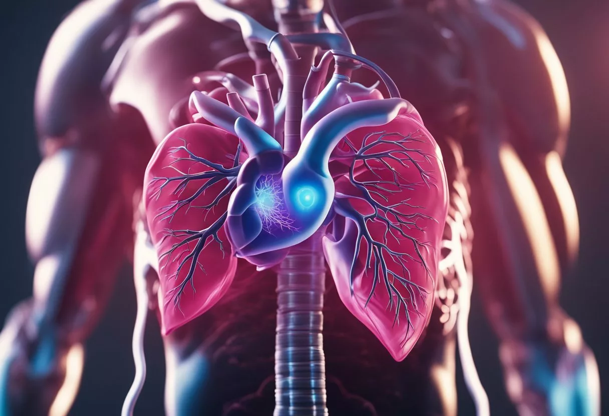 A vibrant heart pumping vigorously, surrounded by energized blood vessels. Lungs expanding and contracting with each breath. Muscles engaged and toned from daily movement