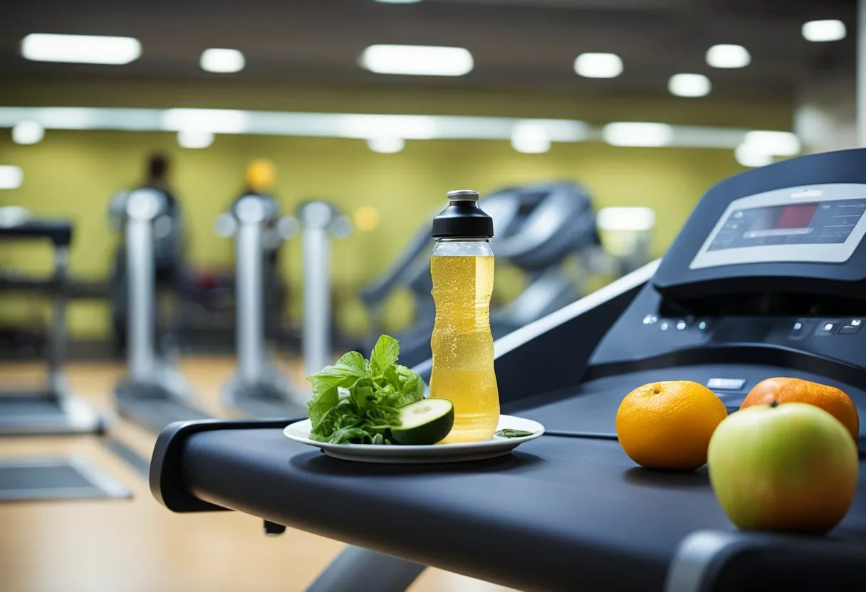 A water bottle and a plate of fruits and vegetables sit next to a treadmill. Sweat drips down the machine as it runs continuously