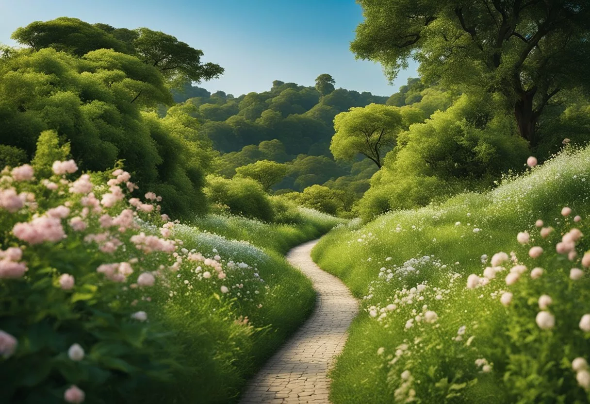 A serene landscape with a winding path, surrounded by lush greenery and blooming flowers, with a clear blue sky overhead