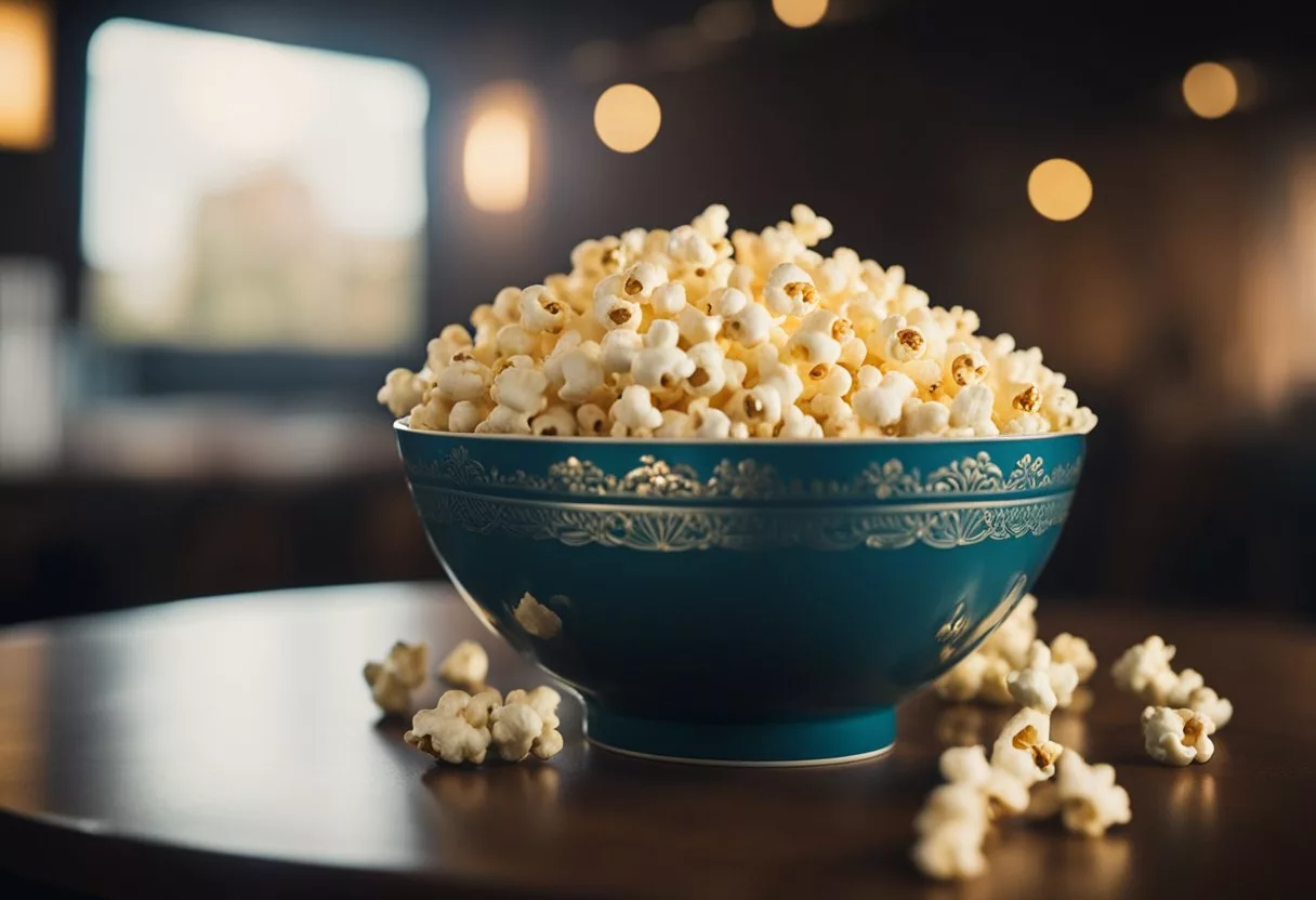 A bowl of popcorn sits on a table with a shadowy figure looming over it, representing the potential health impacts of daily consumption