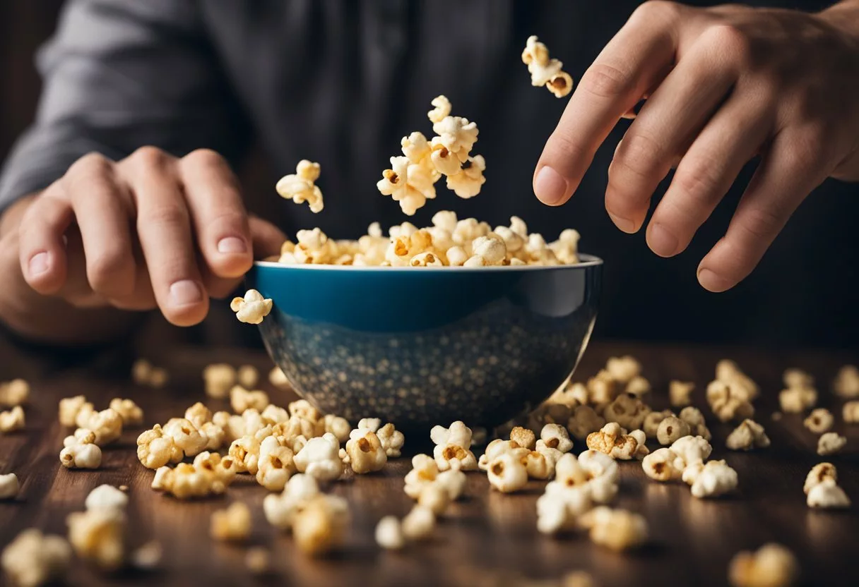 A pile of popcorn spills from a bowl onto a table, with a person's hand reaching out to grab a handful