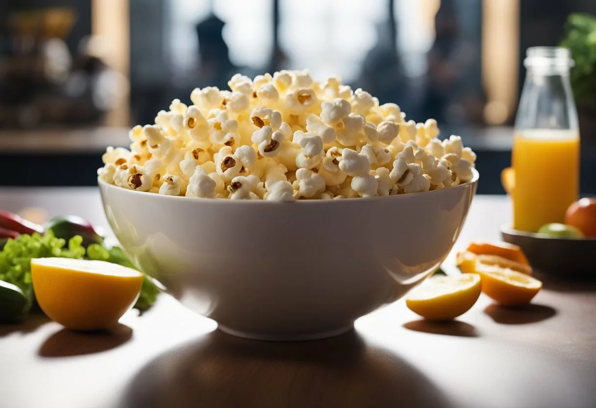 A bowl of popcorn sits on a table, surrounded by fresh fruits and vegetables. A person's silhouette stands in the background, appearing energetic and vibrant