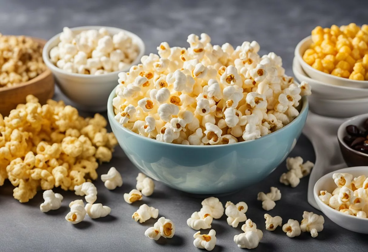 A bowl of popcorn surrounded by various food items. A chart showing the nutritional profile of popcorn. An arrow pointing to the body with question marks, indicating the effects of daily popcorn consumption