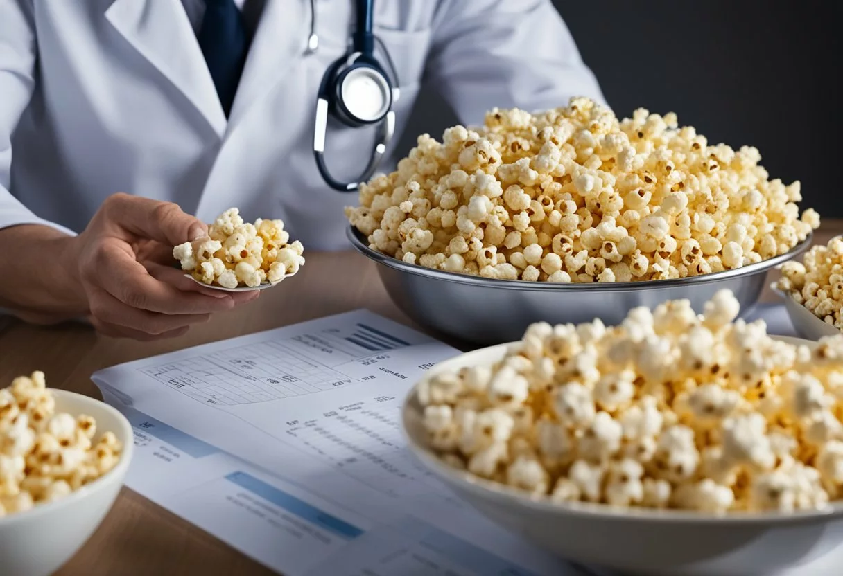 A person surrounded by overflowing popcorn bowls, with a concerned doctor pointing to a chart of health issues