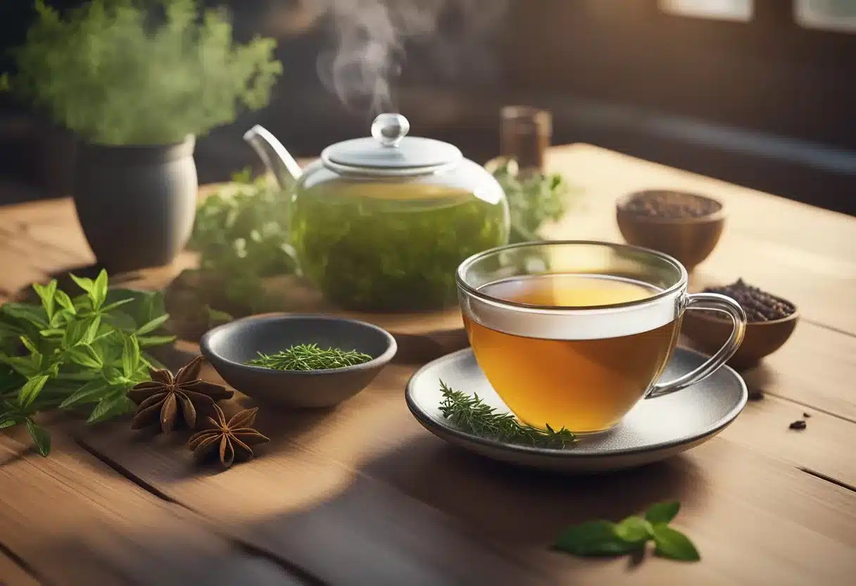 A steaming cup of herbal tea sits on a wooden table, surrounded by fresh herbs and spices. The warm aroma fills the air, evoking a sense of calm and comfort