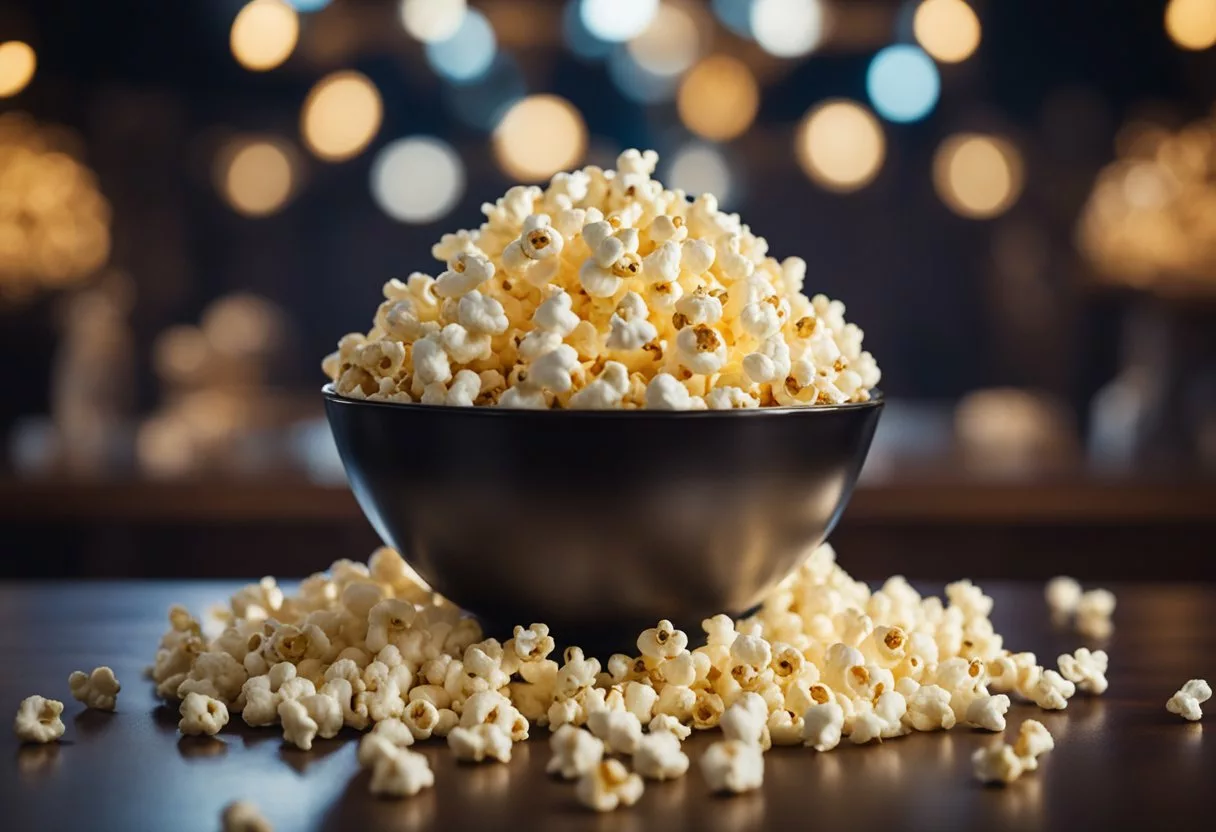 A large bowl of popcorn sits on a table, surrounded by various cultural and social artifacts. The scene conveys the cultural significance of popcorn and its impact on society