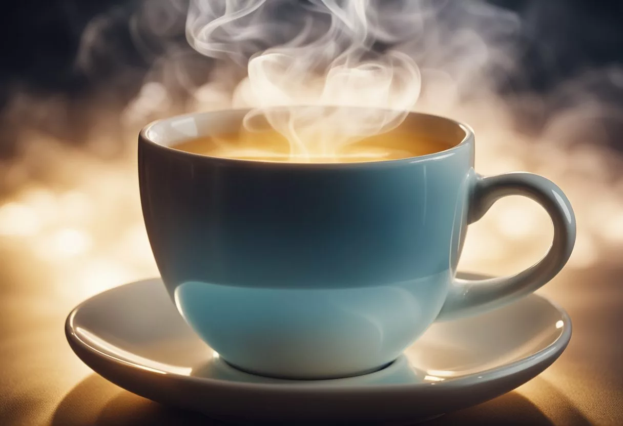 A steaming cup of hot water surrounded by a glowing aura, with radiant energy flowing into the body, illuminating the cardiovascular system