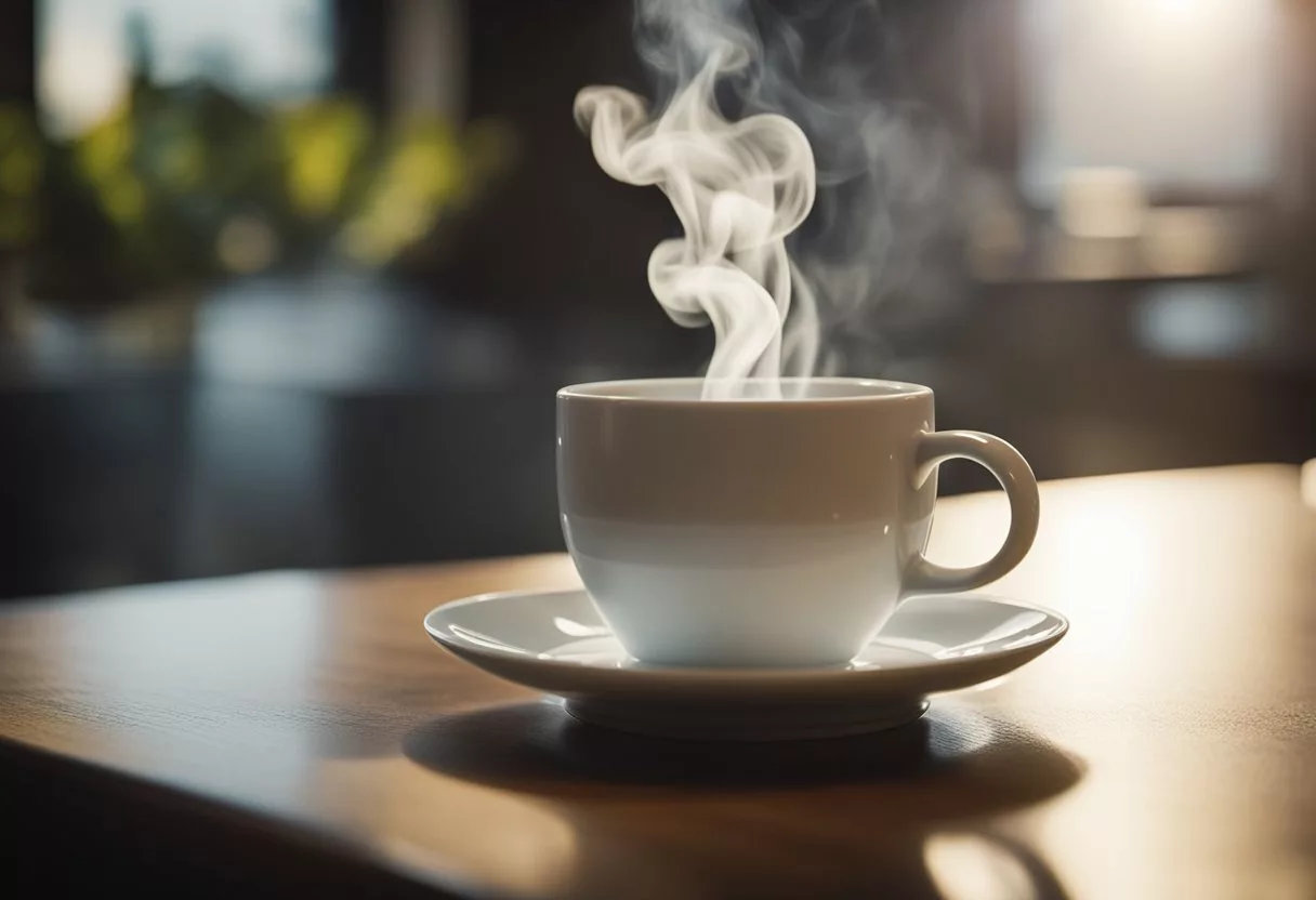 A steaming cup of hot water sits on a table, surrounded by images of a healthy digestive system. Steam rises from the cup, symbolizing the daily consumption of hot water and its positive effects on the body