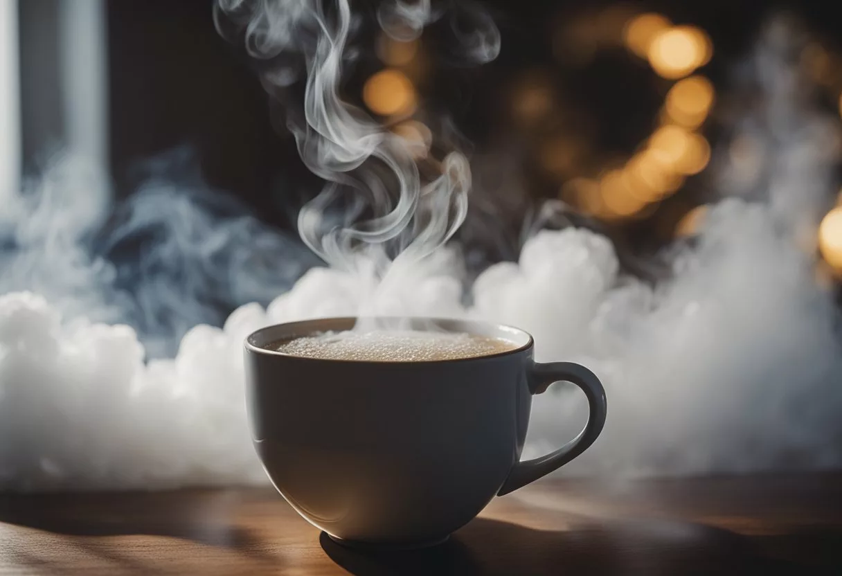 A steaming cup of hot water surrounded by swirling steam, with a sense of purification and rejuvenation emanating from it