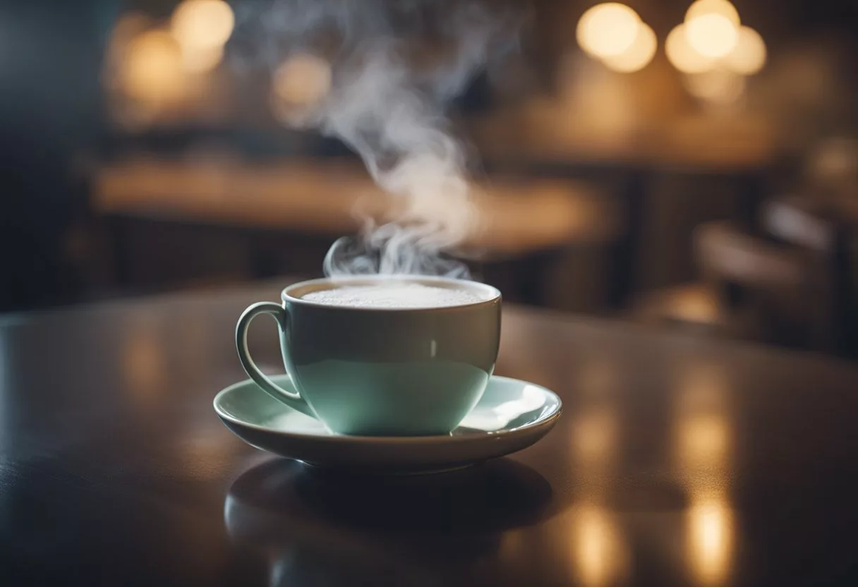 A steaming mug of hot water sits on a table, surrounded by vapor rising into the air. The water appears to be radiating heat, creating a sense of warmth and comfort in the room