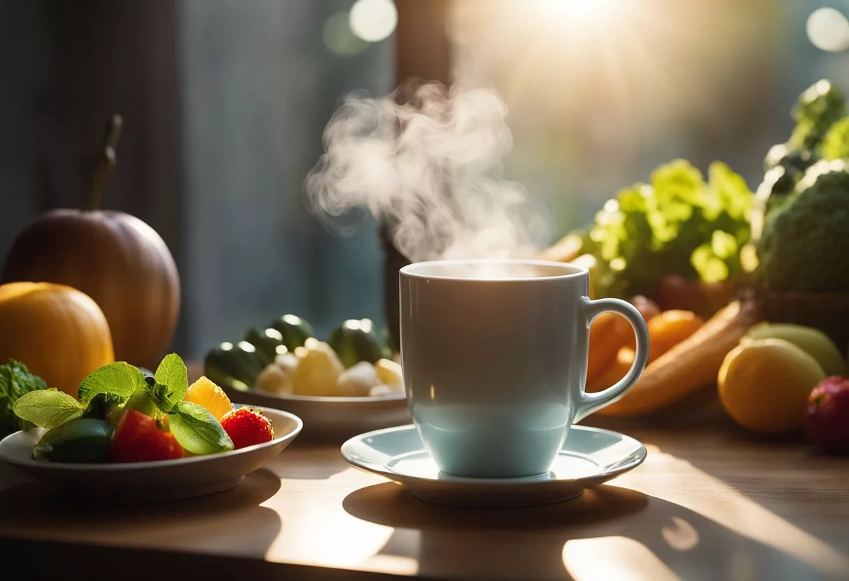 A steaming cup of hot water sits on a table, surrounded by vibrant fruits and vegetables. Rays of sunlight filter through a window, illuminating the scene