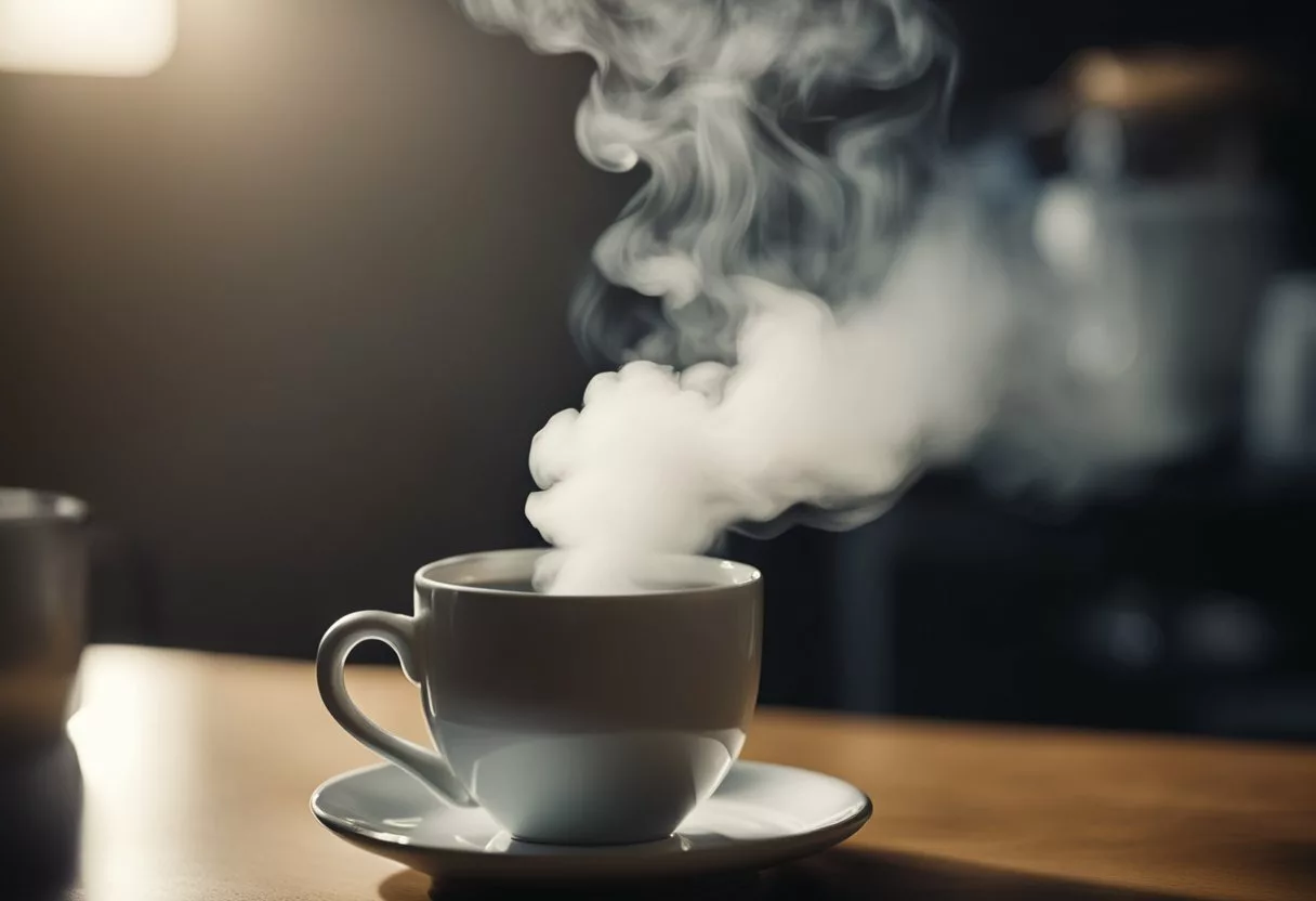 Steam rises from a steaming cup of hot water. A scale sits nearby, showing a decreasing number