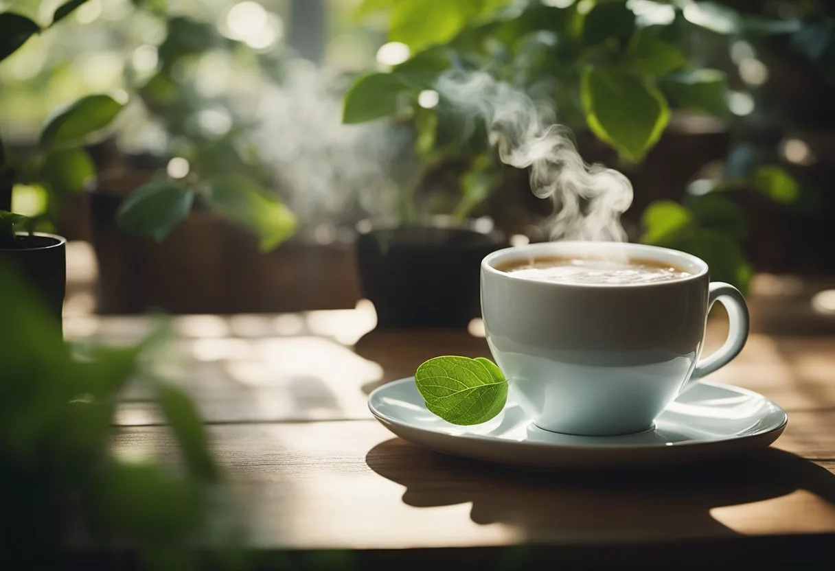 A steaming cup of hot water sits on a table, surrounded by calming elements like plants and soft lighting. A sense of relaxation and tranquility fills the air