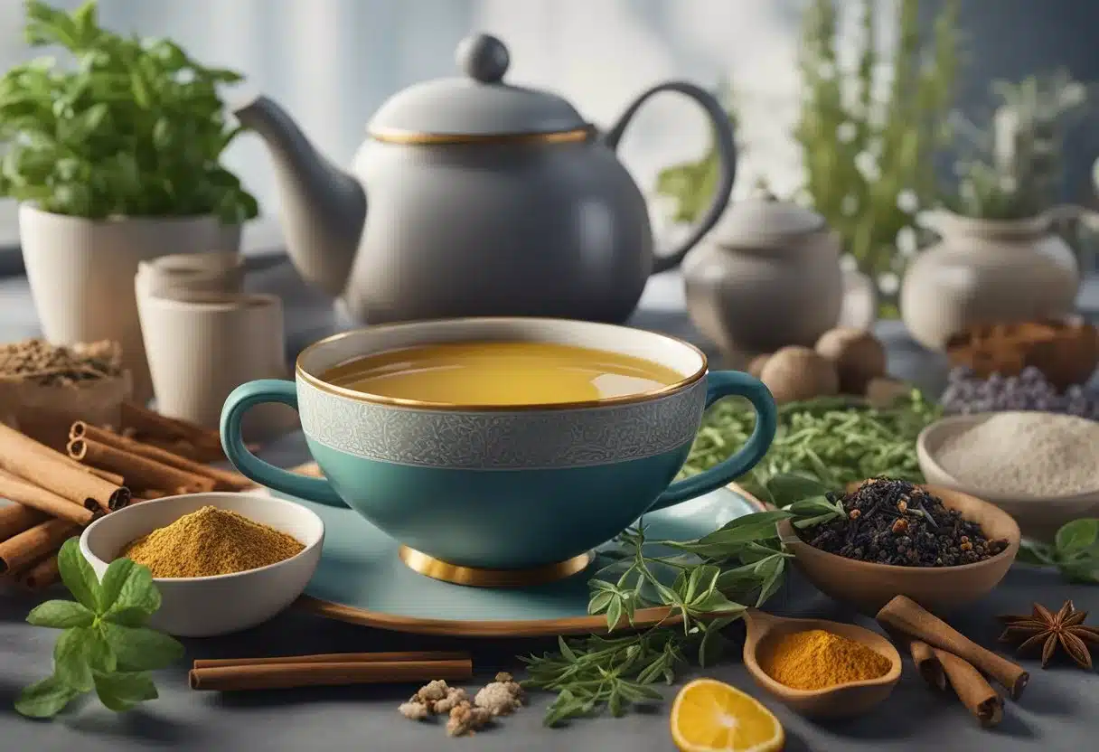A cup of tea surrounded by various herbs and spices, with a backdrop of a healthy digestive system diagram