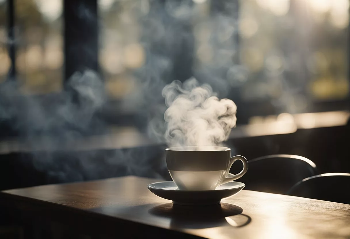 A steaming cup of hot water sits on a table, surrounded by swirling steam. A sense of relaxation and relief emanates from the scene