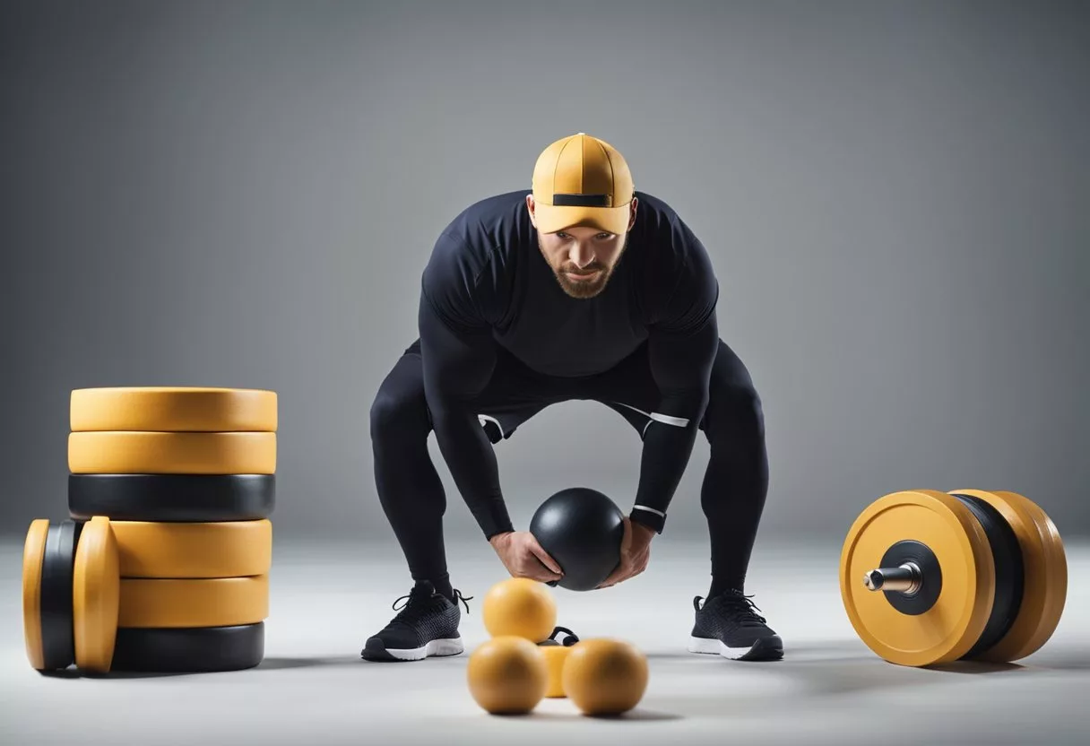 A figure performing squats with various objects around, showing strength and determination