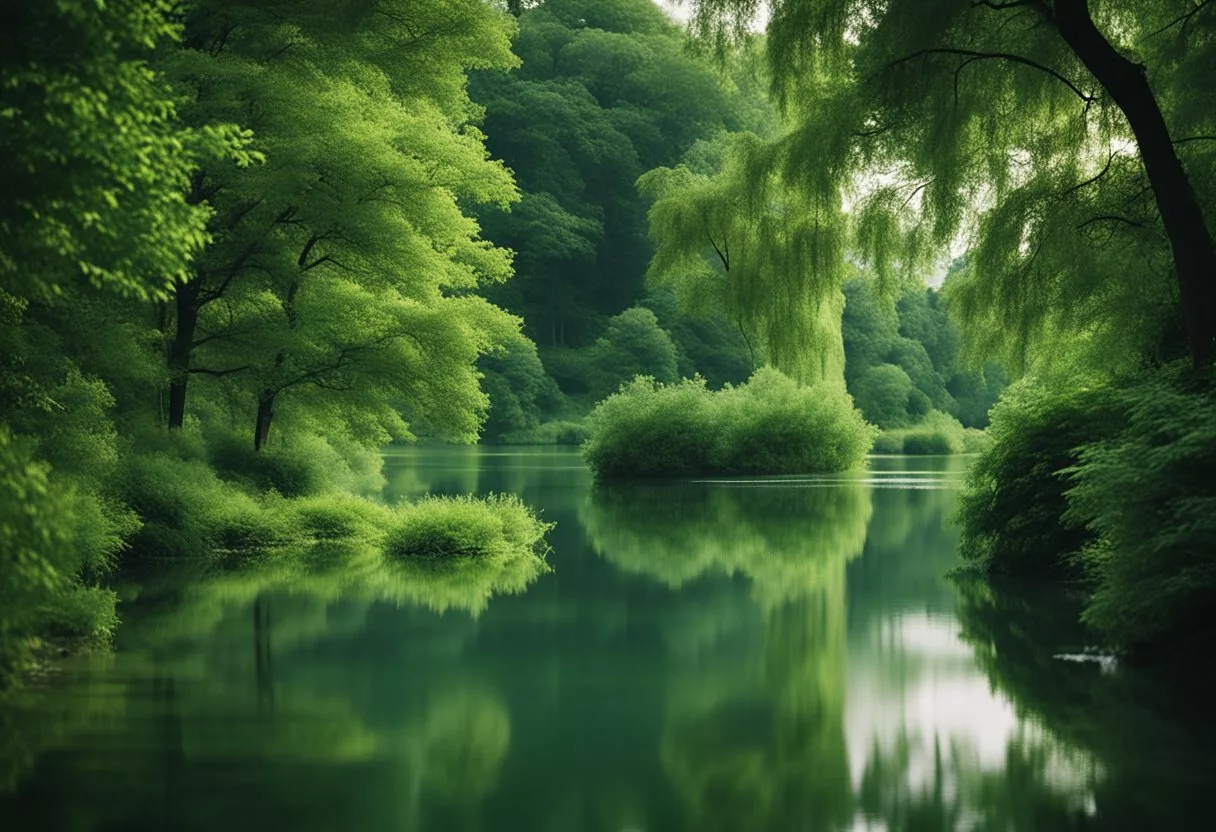 A serene lake surrounded by lush greenery, with ripples on the water's surface and a peaceful atmosphere