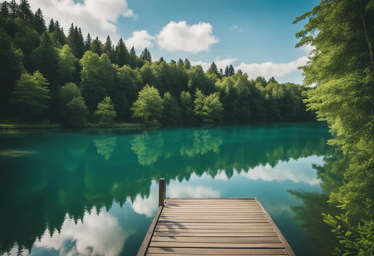 A serene lake with clear blue water, surrounded by lush green trees and a peaceful atmosphere. Safety measures such as lifeguards and warning signs are visible