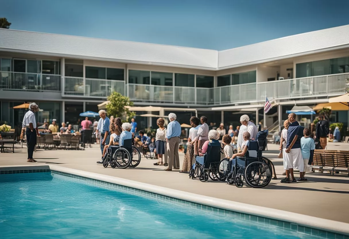 A diverse group of people, including children and elderly individuals, gather at a community pool. Wheelchair ramps and accessible seating are available. The atmosphere is welcoming and inclusive, with people of all abilities enjoying the water together