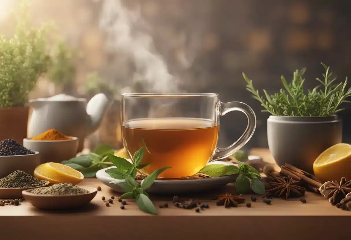 A steaming cup of tea surrounded by various herbs and spices, with a soothing, warm color palette