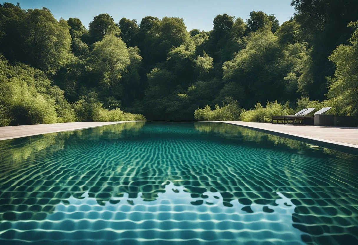 A serene pool with ripples from a swimmer's wake, surrounded by lush greenery and a clear blue sky