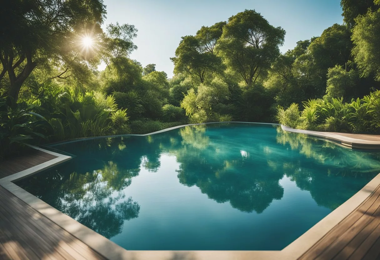 A serene pool with calm, rippling water surrounded by lush greenery and a clear blue sky, conveying a sense of daily dedication and harmonious integration with nature