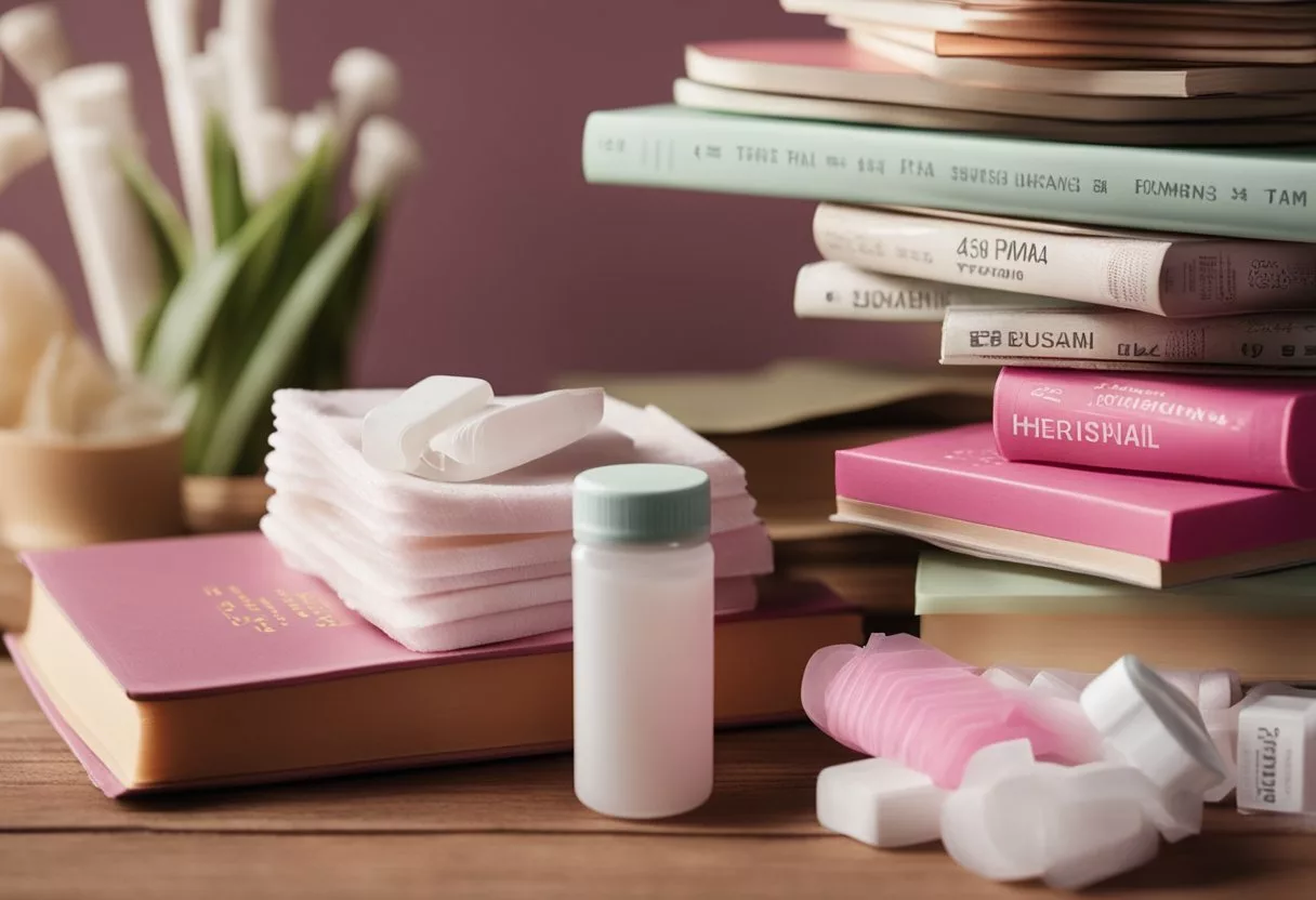 A stack of books open to a page on menstrual health, surrounded by scattered period products like pads and tampons