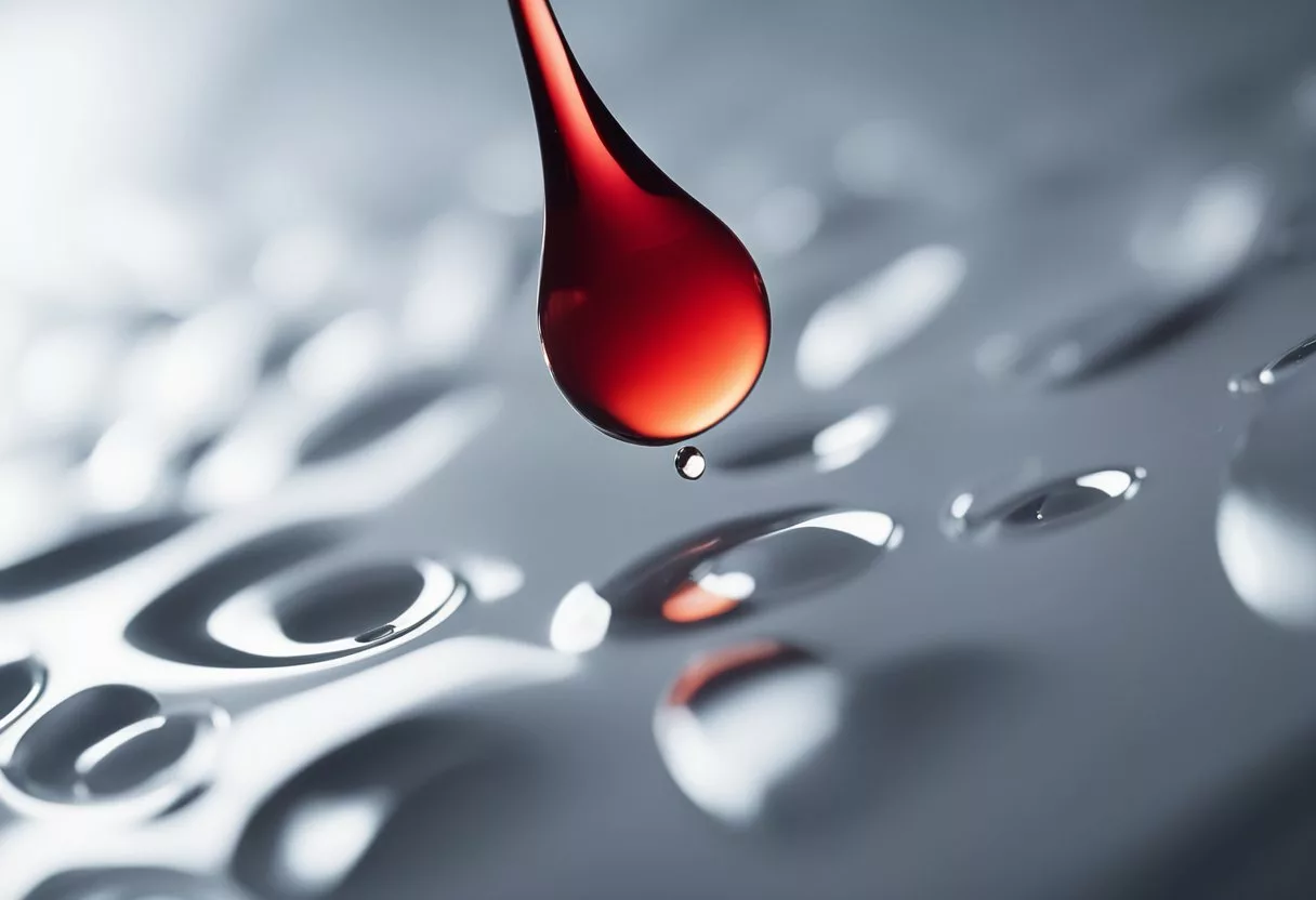 A red droplet falls onto a white surface, surrounded by cramps and bloating