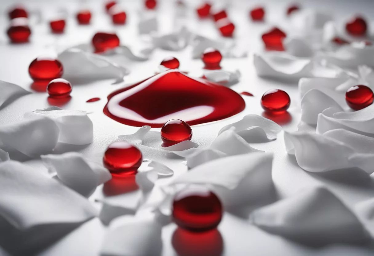 A red droplet falls onto a white surface, surrounded by crumpled tissues and a heating pad