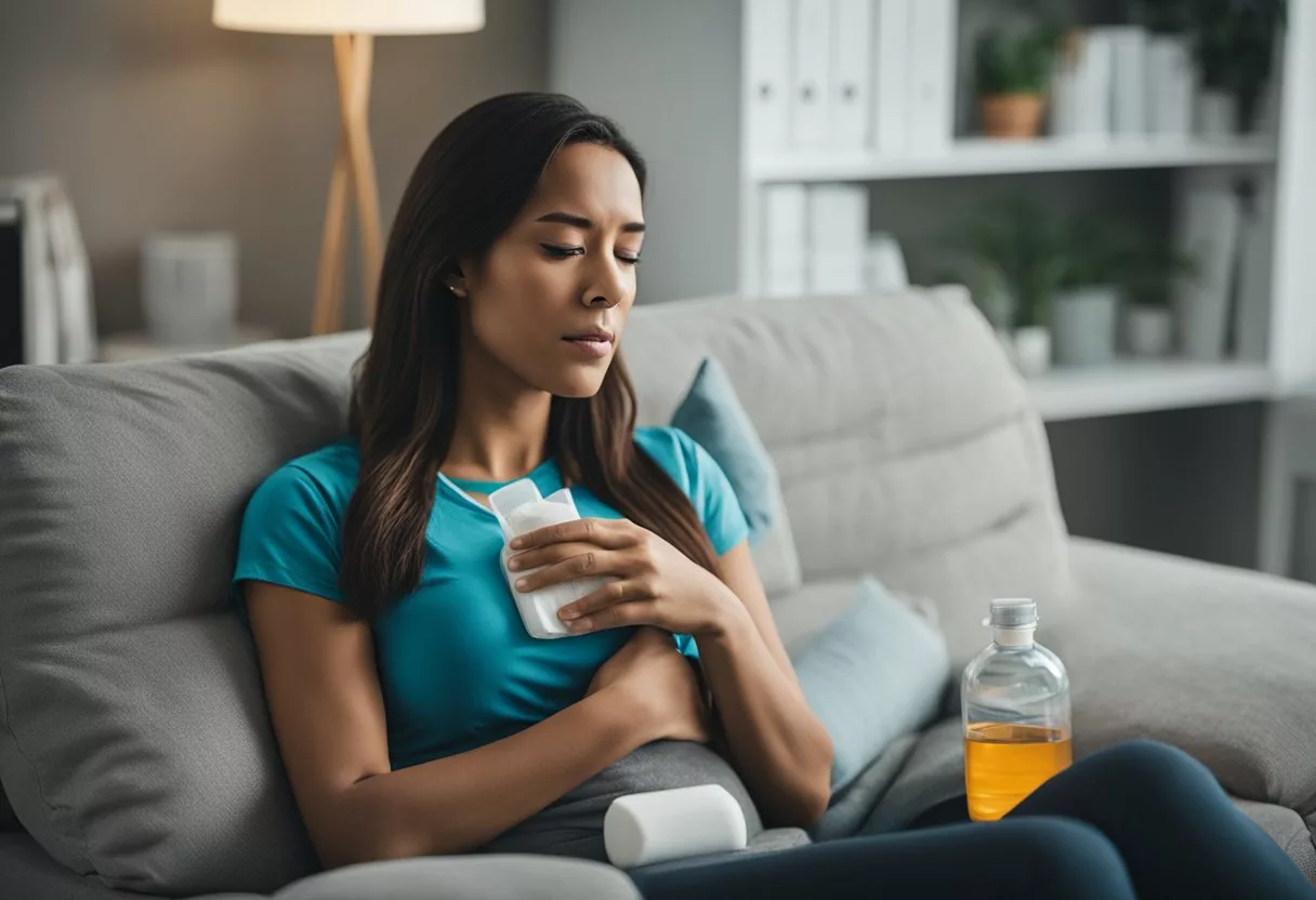 A woman sits on a couch with a heating pad on her abdomen, a glass of water, and a box of pain medication nearby. She looks uncomfortable and tired, with a slight grimace on her face