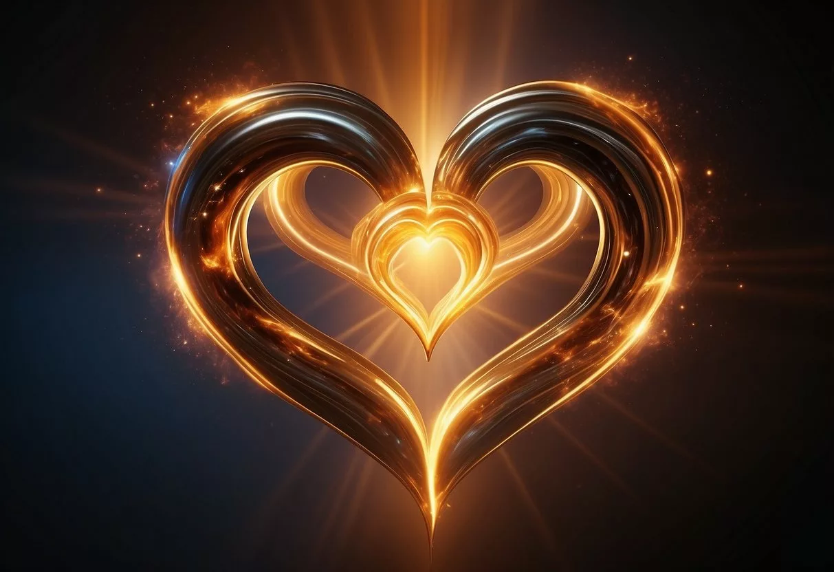 Two hearts merging, radiating warmth and light, surrounded by a swirl of emotions and energy