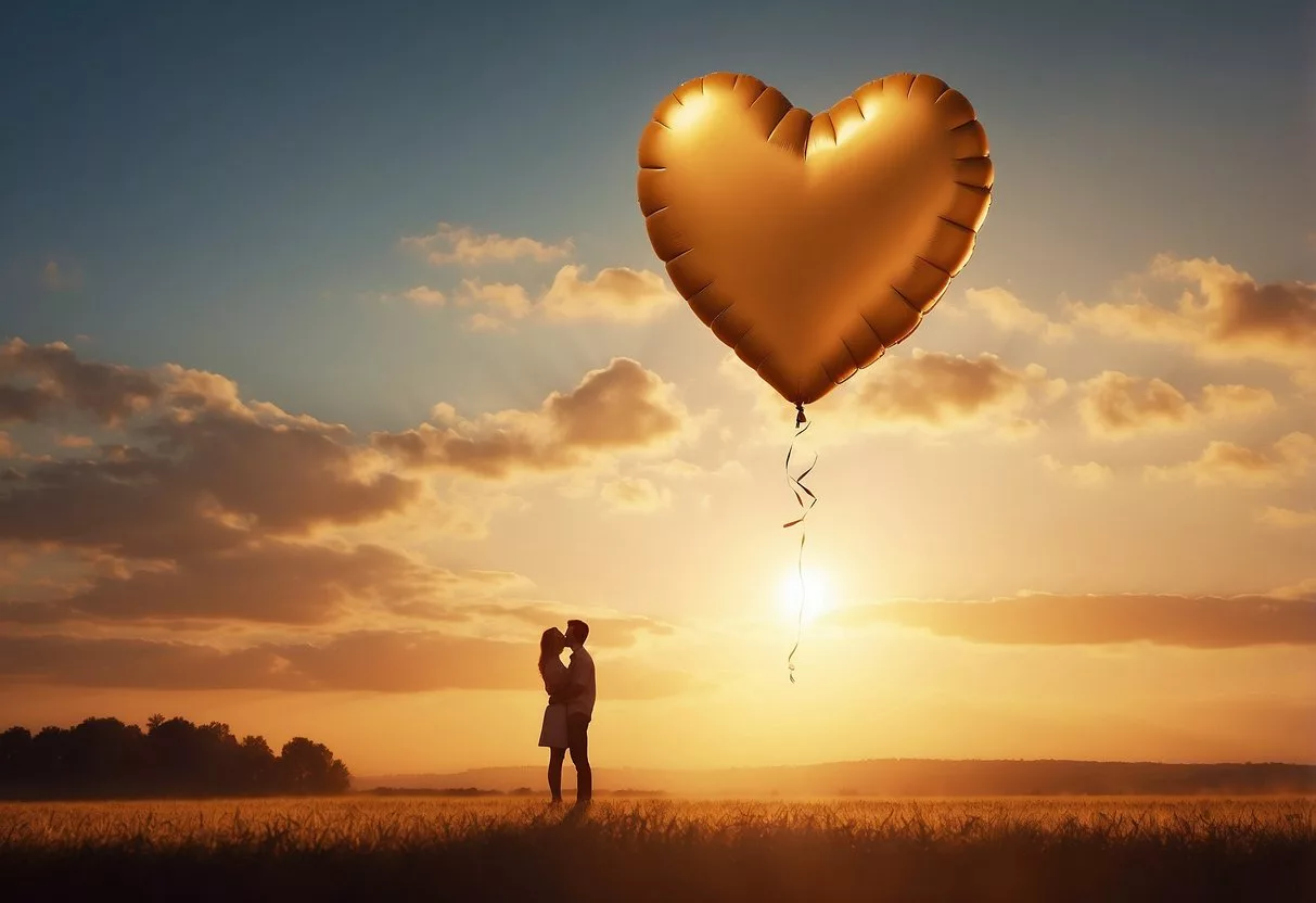 A heart-shaped balloon floats in the air, surrounded by a warm, golden glow. Nearby, a pair of birds embrace in a tender, affectionate gesture