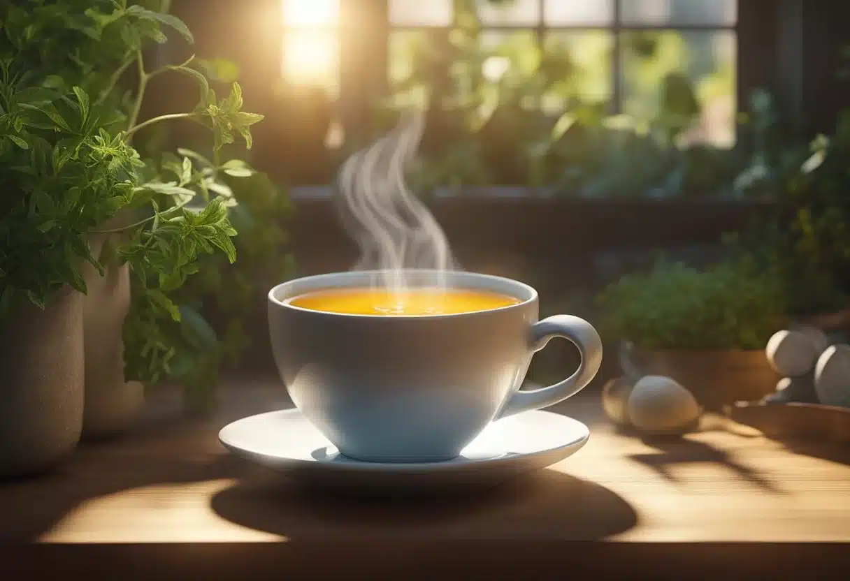 A steaming cup of tea surrounded by fresh herbs and spices, with a warm, comforting glow emanating from the mug