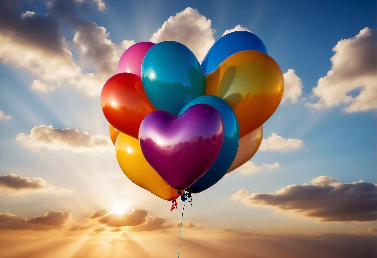 A heart-shaped balloon floats in a cloud-filled sky, surrounded by vibrant colors. The sun shines brightly, casting a warm and romantic glow over the scene