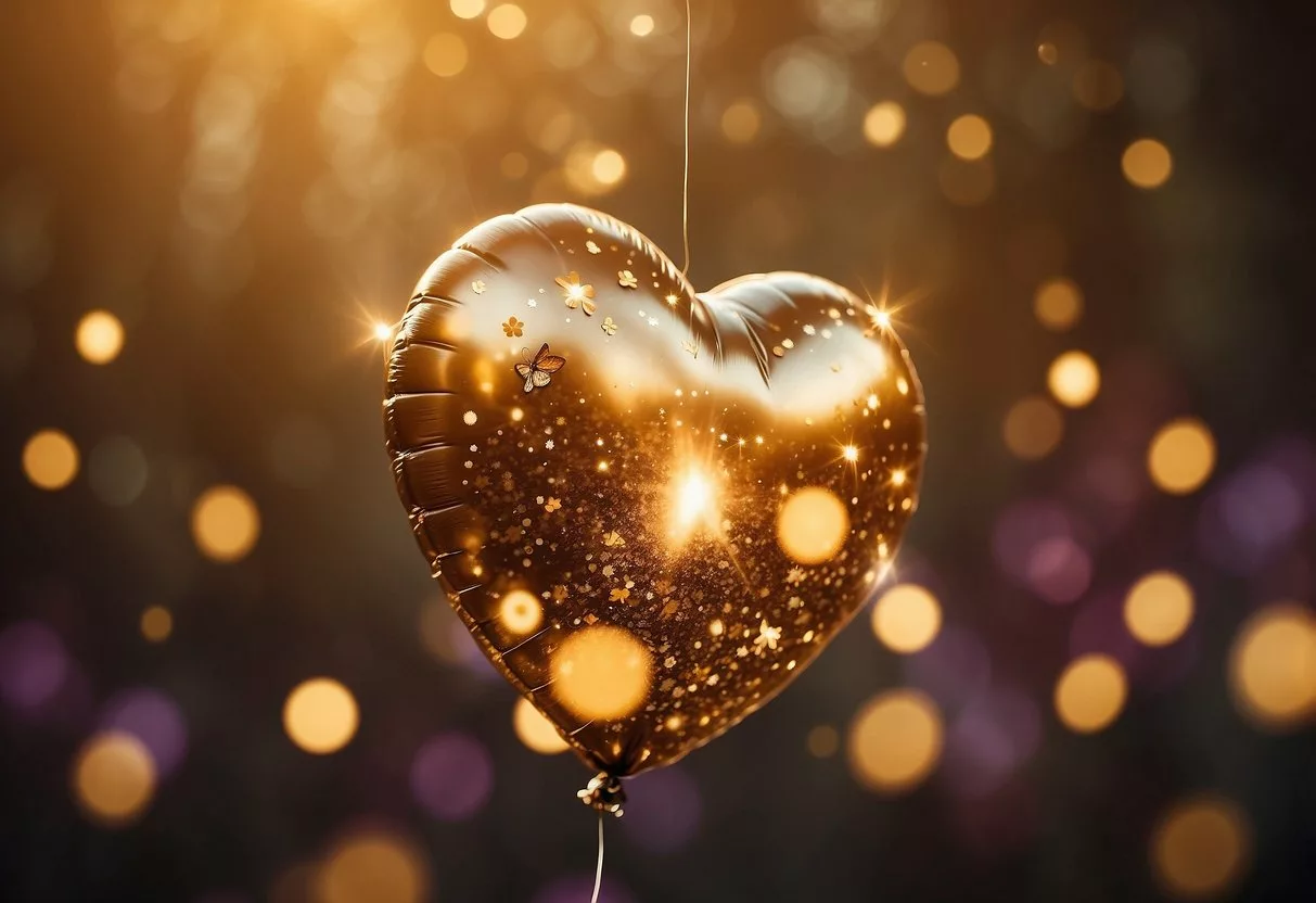 A heart-shaped balloon floats in the air, surrounded by a warm, golden glow. Sparkles and butterflies dance around it, creating a sense of lightness and euphoria