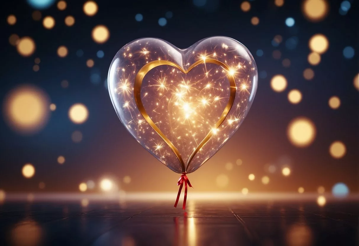 The heart-shaped balloon floats above a glowing, pulsating heart, surrounded by swirling ribbons and sparkles