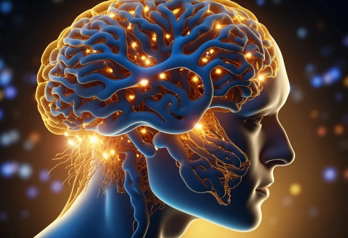 A heart-shaped brain releasing dopamine, oxytocin, and serotonin. Nerves firing, heart racing, and pupils dilating. Cells glowing with energy and connection