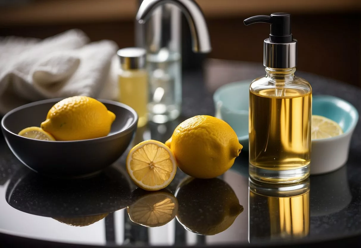 A bottle of nail oil sits next to a nail file and a hand cream on a clean, organized vanity table. A bowl of water with lemon slices is nearby