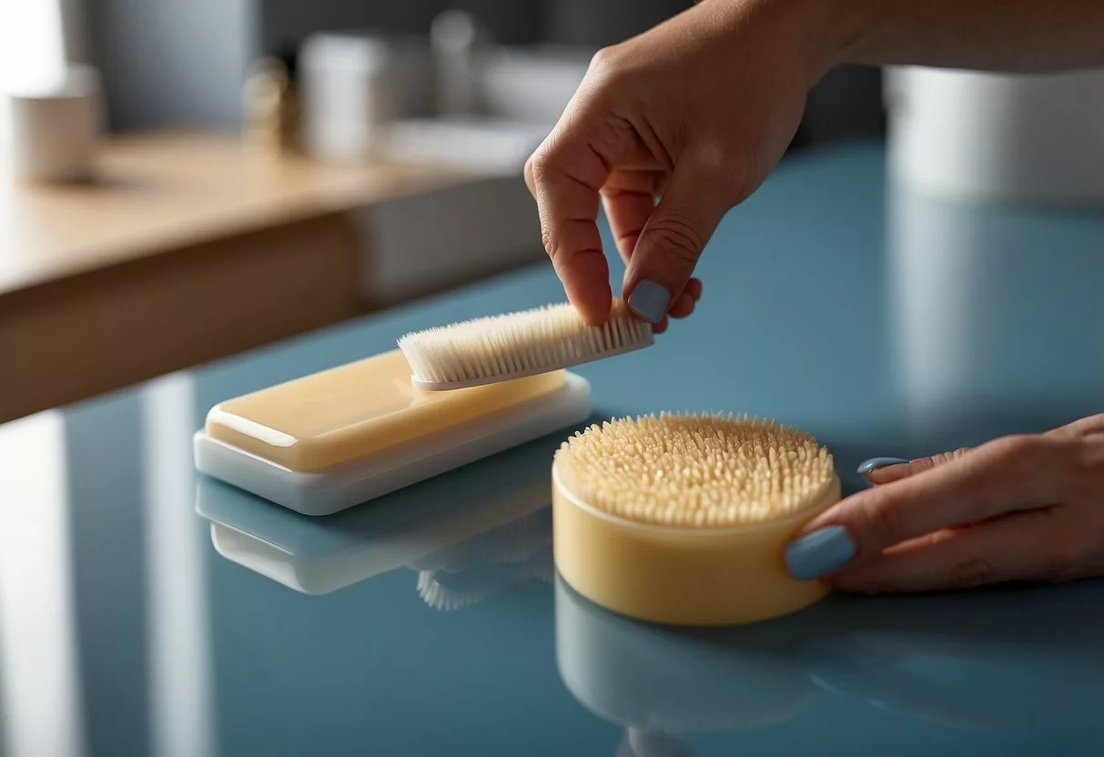 A hand holding a nail brush and soap, a bottle of nail polish remover, a nail file, and a cuticle pusher on a clean, organized surface