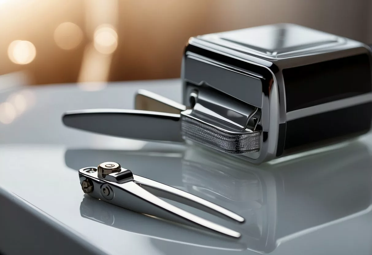 A close-up of a nail care kit with nail clippers, file, and cuticle pusher on a clean, white surface