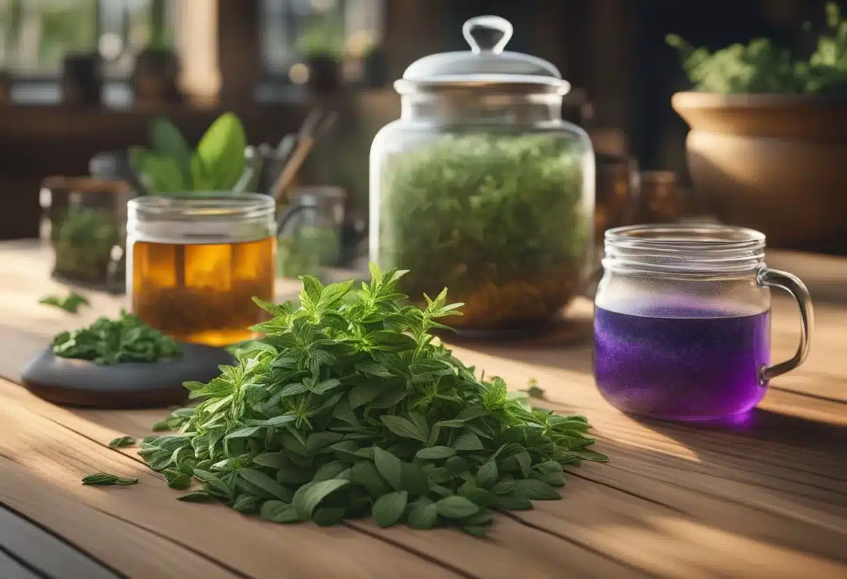 Various herbal tea leaves in colorful jars, with labels like peppermint and ginger, arranged on a wooden table. A steaming cup of herbal tea sits next to a pile of fresh herbs
