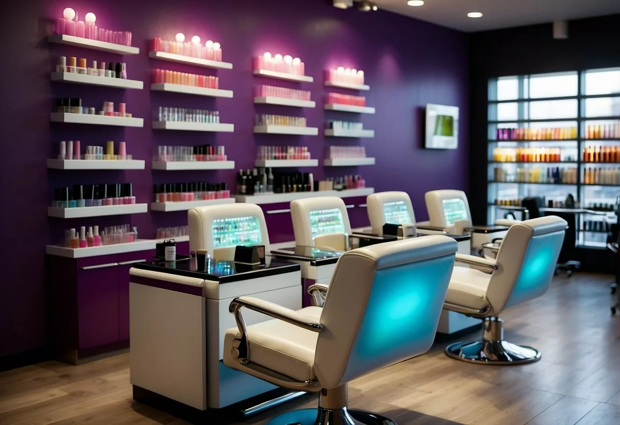 A clean, modern nail salon with bright lighting and comfortable seating. Shelves stocked with colorful nail polish and professional tools. A poster displaying tips for maintaining healthy nails