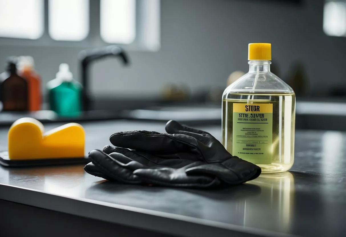 A pair of gloves being used to handle chemicals. A bottle of nail strengthener and a file on a clean, organized work surface