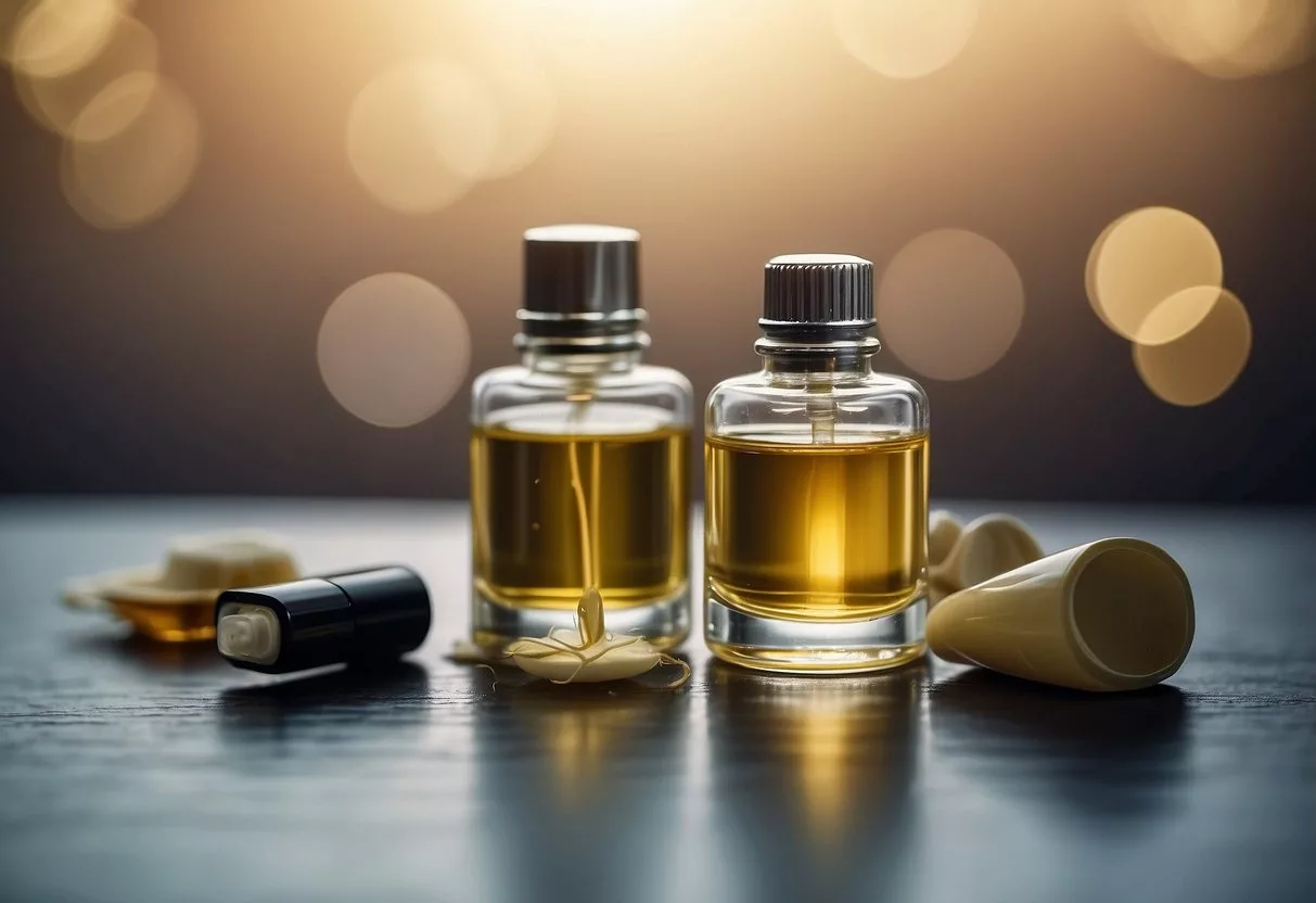 A bottle of nail oil surrounded by various nail care tools on a clean, organized surface