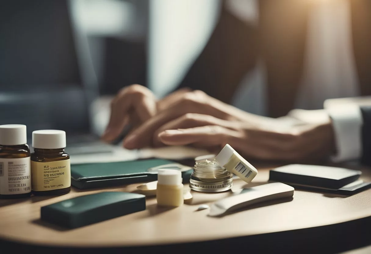 A person sits at a desk, staring at their bitten nails. A pile of nail care products sits nearby, while a book titled "Understanding Nail Biting: How to stop biting nails permanently" is open in front of them