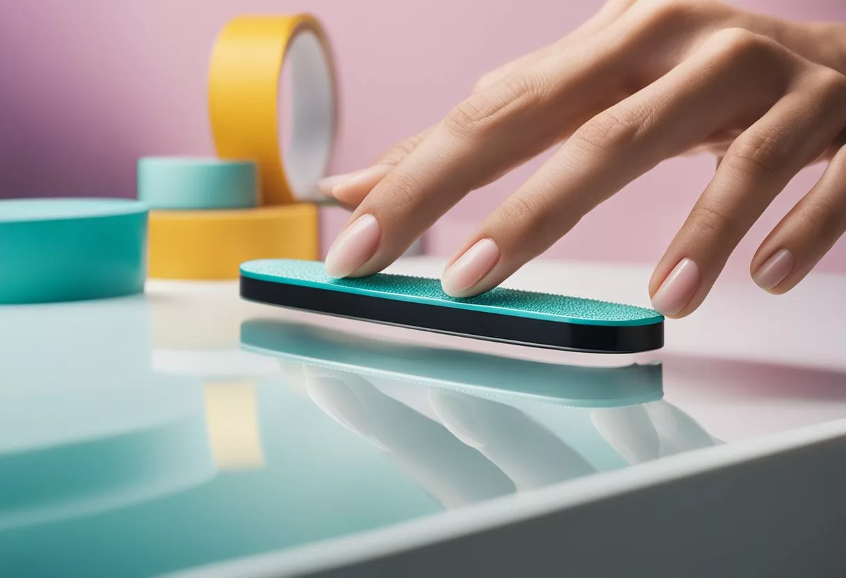 A hand reaching for a nail file, surrounded by calming colors and imagery of healthy, strong nails