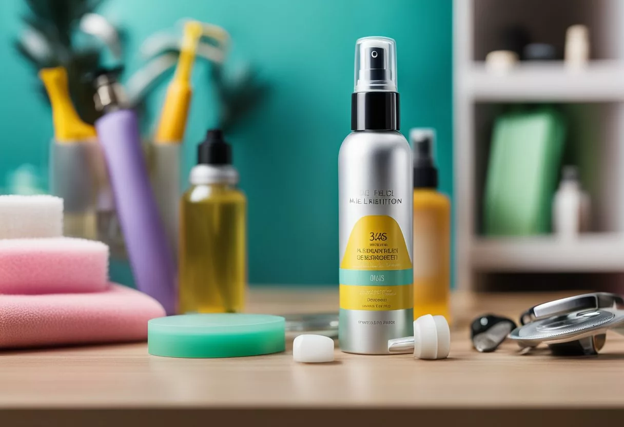 A nail-biting deterrent spray sits on a clean, organized desk, surrounded by a variety of colorful and appealing nail care products