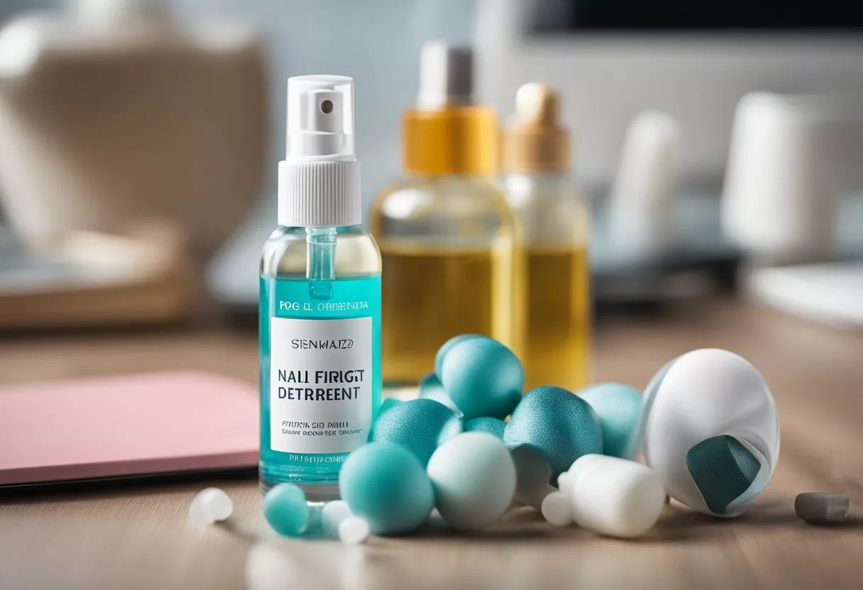 A nail-biting deterrent spray sits on a clean, organized desk, surrounded by calming essential oils and a stress-relief fidget toy