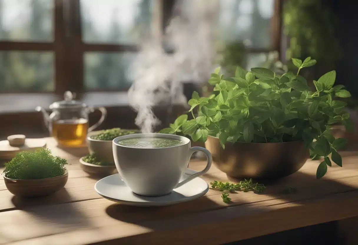 A steaming cup of herbal tea sits on a wooden table, surrounded by fresh herbs and a calming atmosphere